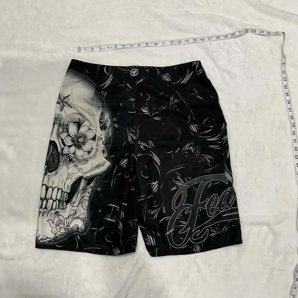 Fearless Skull Tattoo Board Shorts Cyber Y2K Goth Trunks Size 32
